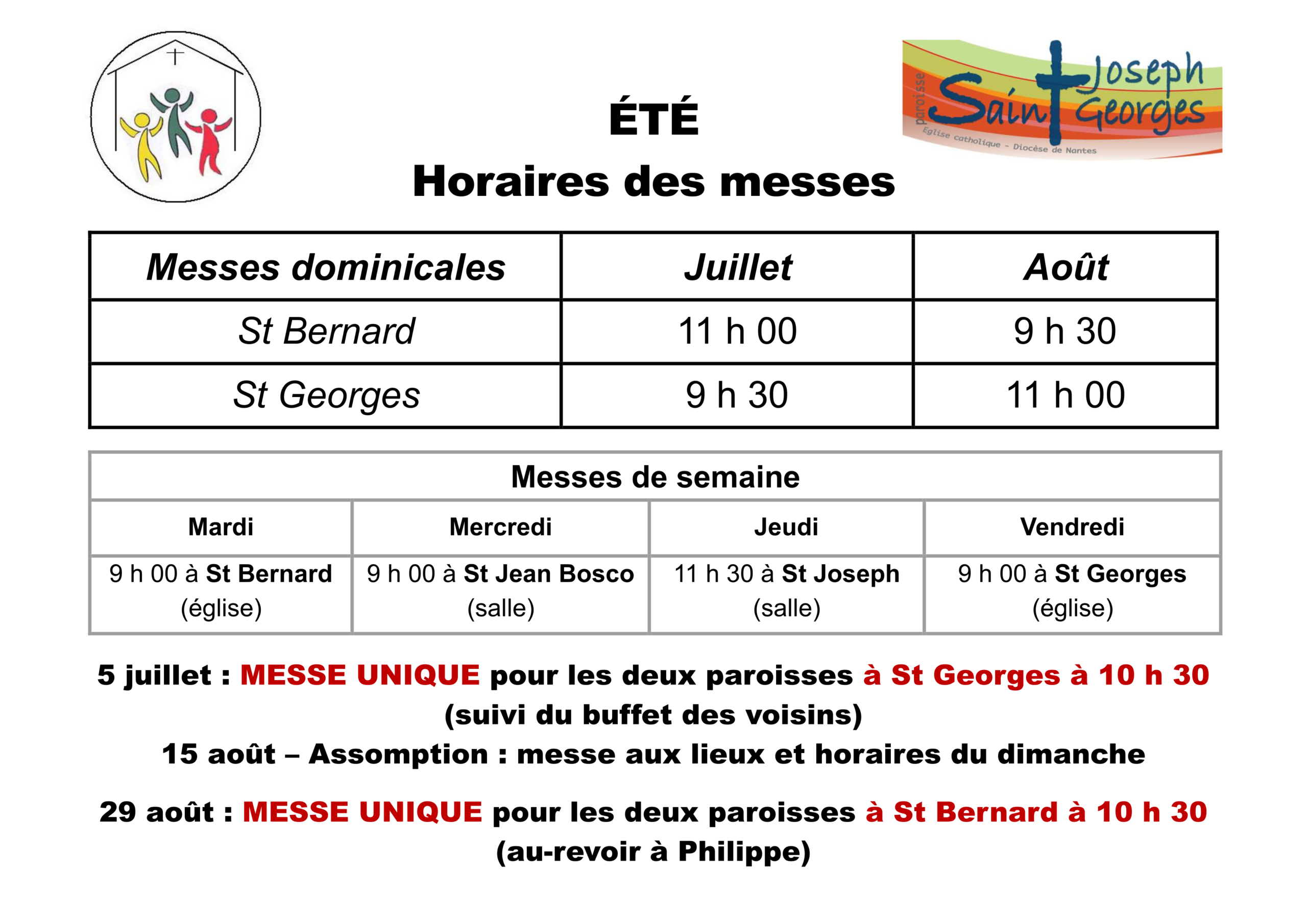 Messes – Horaires d’été